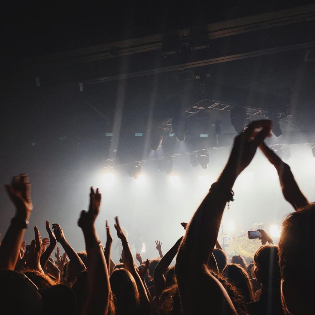 Vibrant concert atmosphere with cheering crowd under spotlights and lively music.