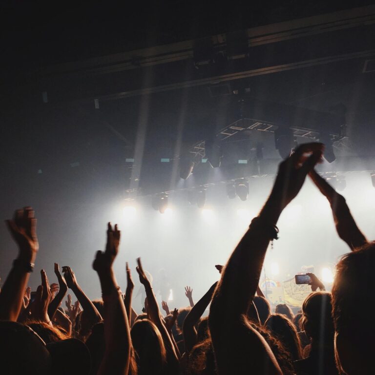 Vibrant concert atmosphere with cheering crowd under spotlights and lively music.